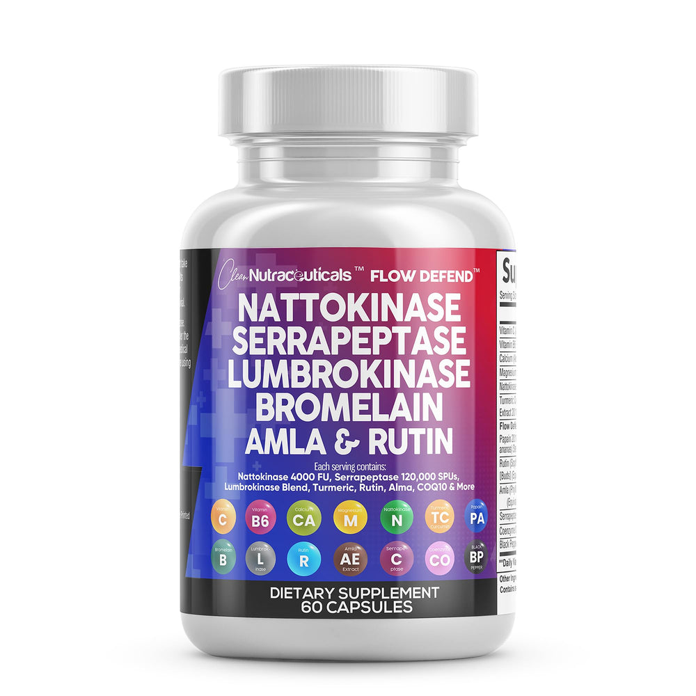 Bottle of Clean Nutraceuticals Nattokinase Serrapeptase Lumbrokinase capsules