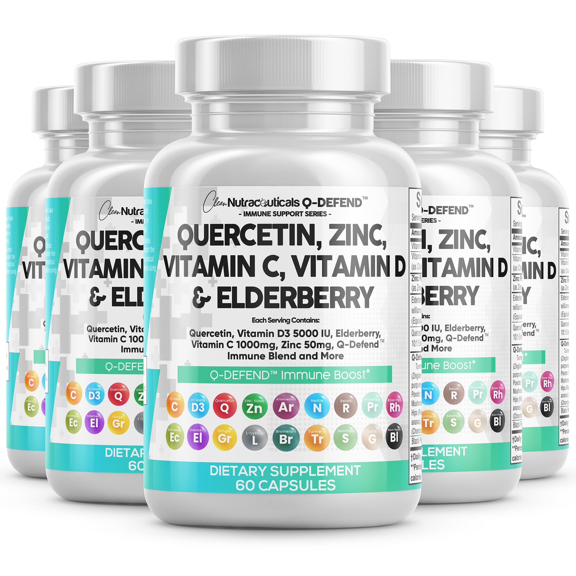 Bottle label of Clean Nutraceuticals Immune Support showing Quercetin, Zinc, Vitamin C and Vitamin D