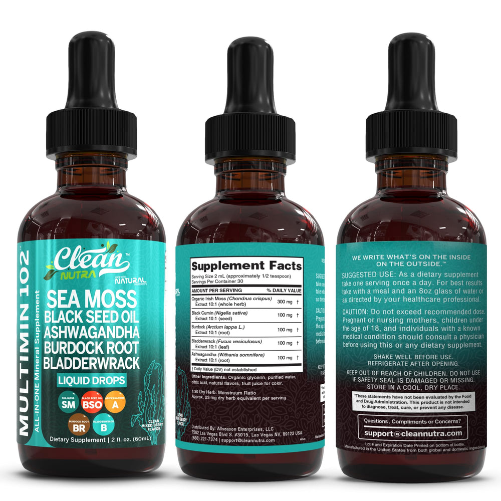 Serving glass of water next to Sea Moss Drops for daily use