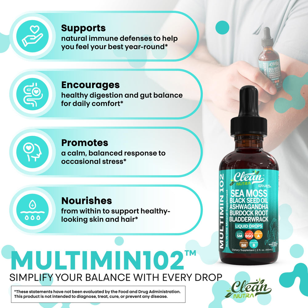 Clean Nutraceuticals Sea Moss Drops bottle amber color signaling premium, preserved nutrients for gut health support.