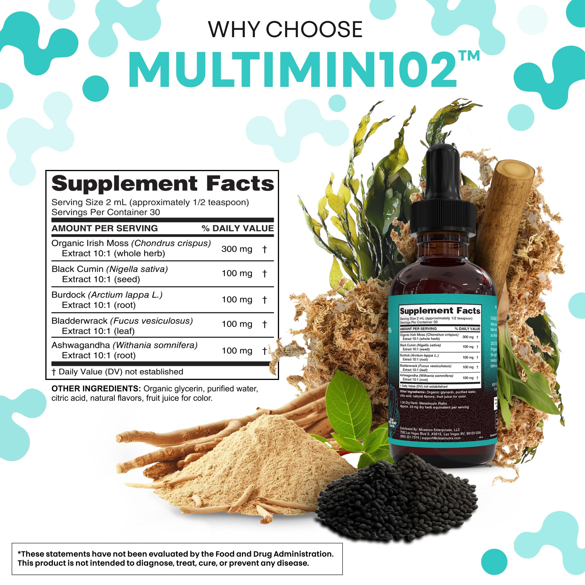 Clean Nutraceuticals Sea Moss Drops ingredients label highlights ashwagandha and bladderwrack for balanced wellness.
