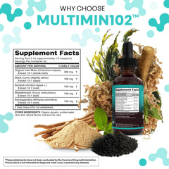Clean Nutraceuticals Sea Moss Drops ingredients label highlights ashwagandha and bladderwrack for balanced wellness.