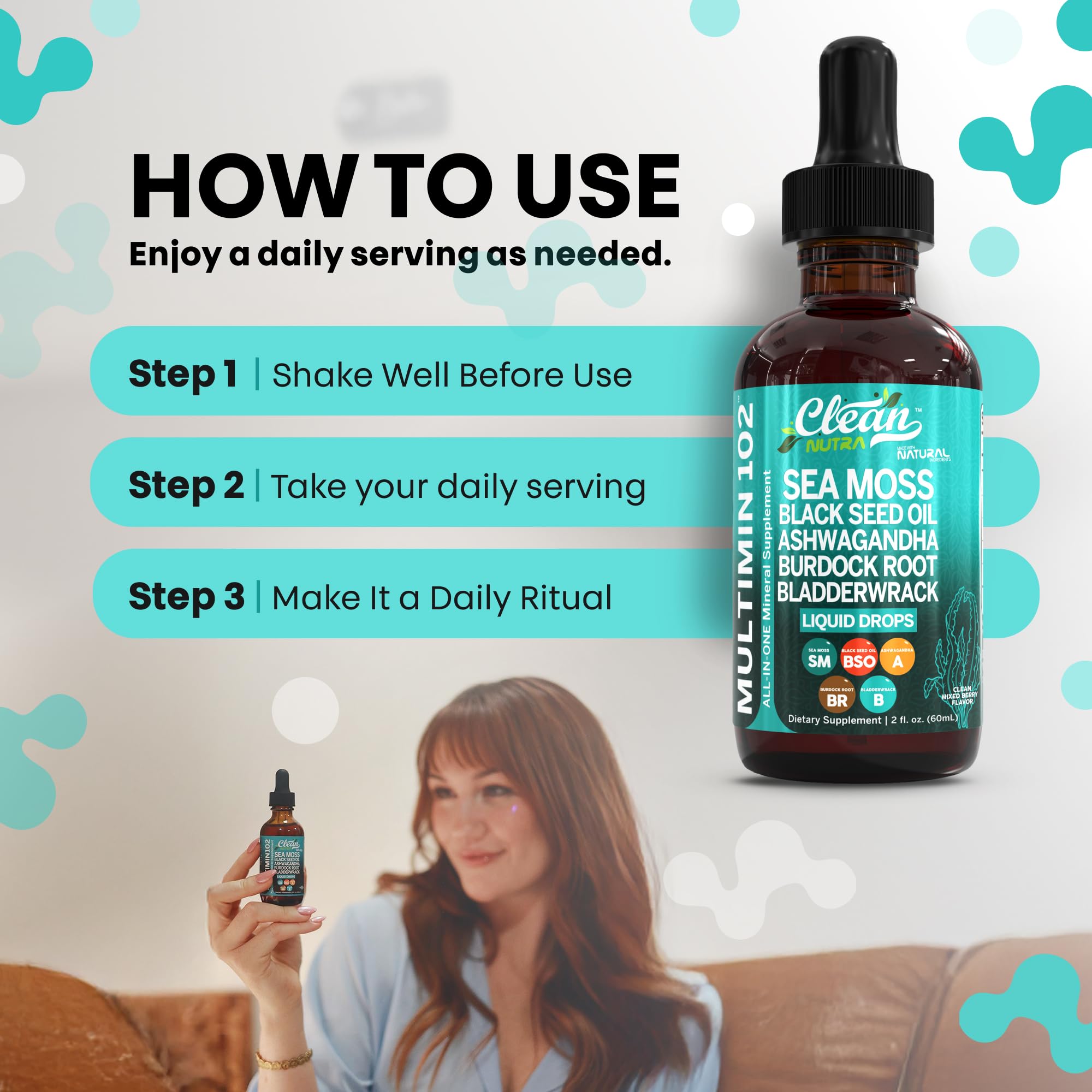 Clean Nutraceuticals Sea Moss Drops plan view shows sleek bottle design and vegan formula for easy wellness routines.