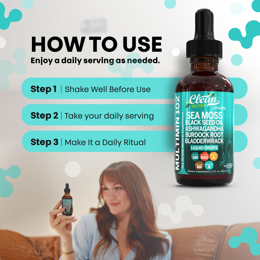 Clean Nutraceuticals Sea Moss Drops plan view shows sleek bottle design and vegan formula for easy wellness routines.