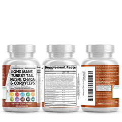 Close-up of bottle label highlighting 20-in-1 mushroom blend