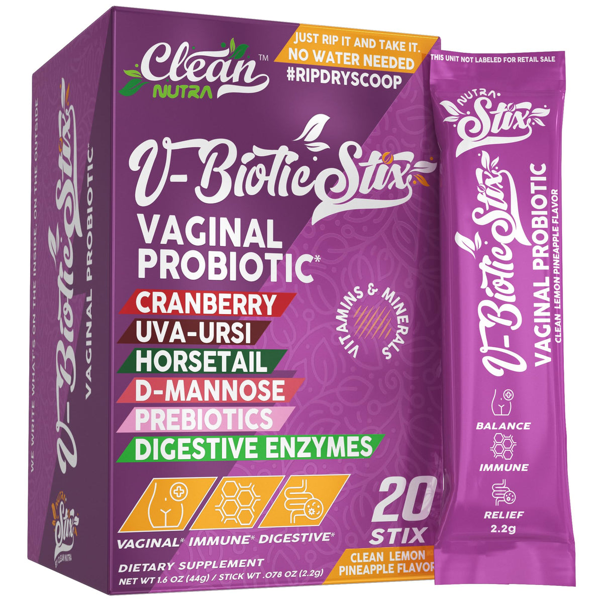 Front view of Clean Nutraceuticals V-Biotic STIX packaging