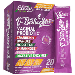 Front view of Clean Nutraceuticals V-Biotic STIX packaging