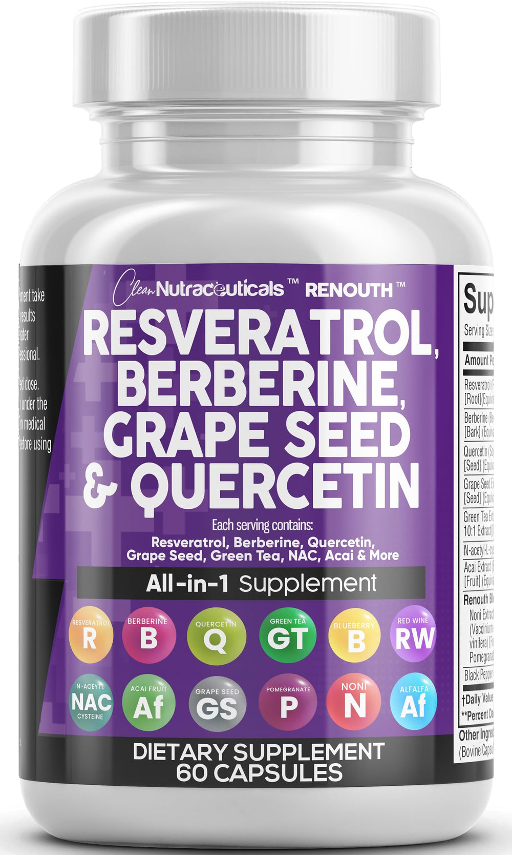 Capsule bottle with resveratrol, berberine, grape seed and quercetin ingredients
