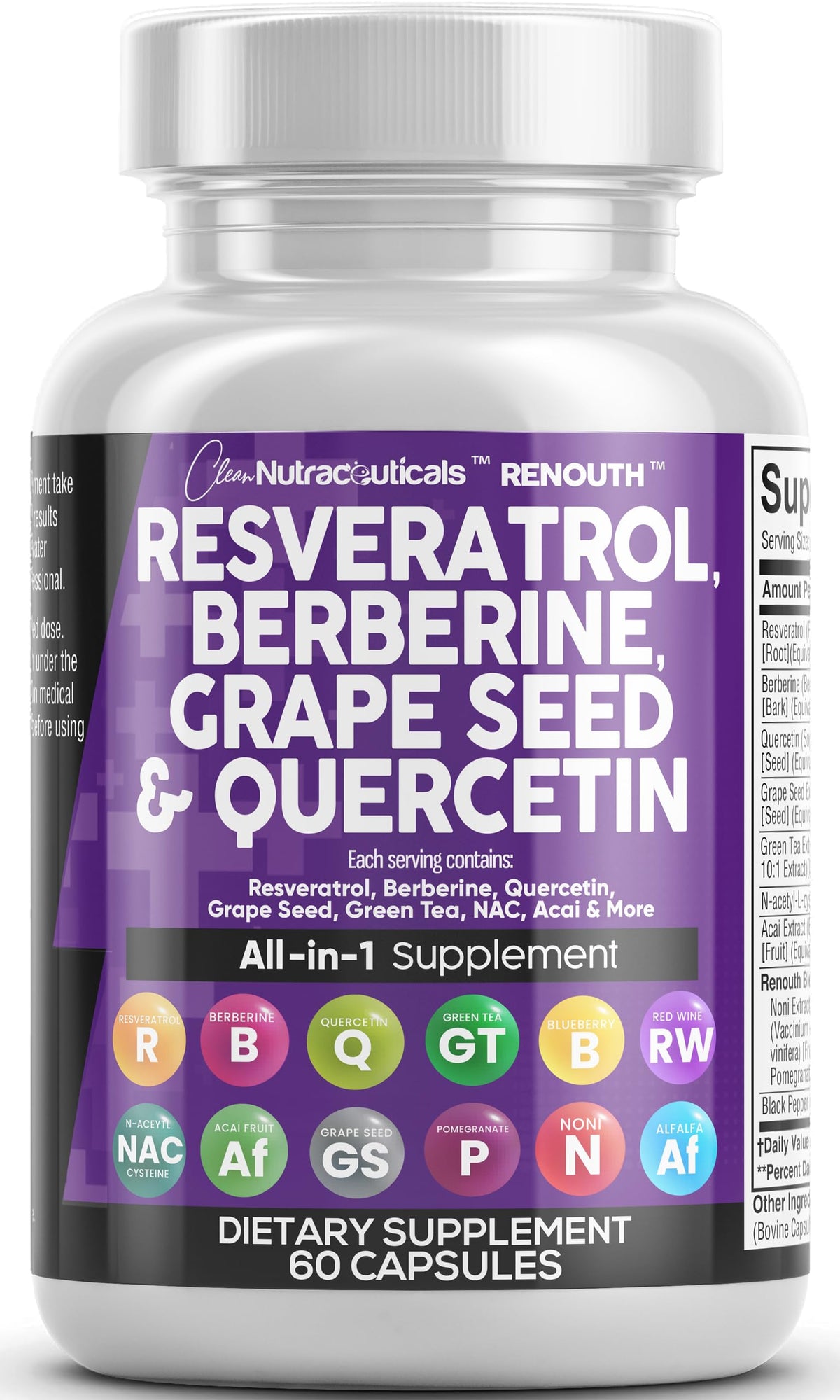 Capsule bottle with resveratrol, berberine, grape seed and quercetin ingredients