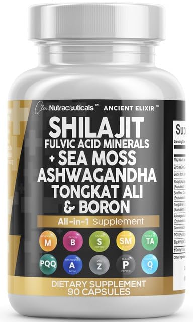 Front view of Clean Shilajit for Men bottle with sea moss and Tongkat Ali capsules