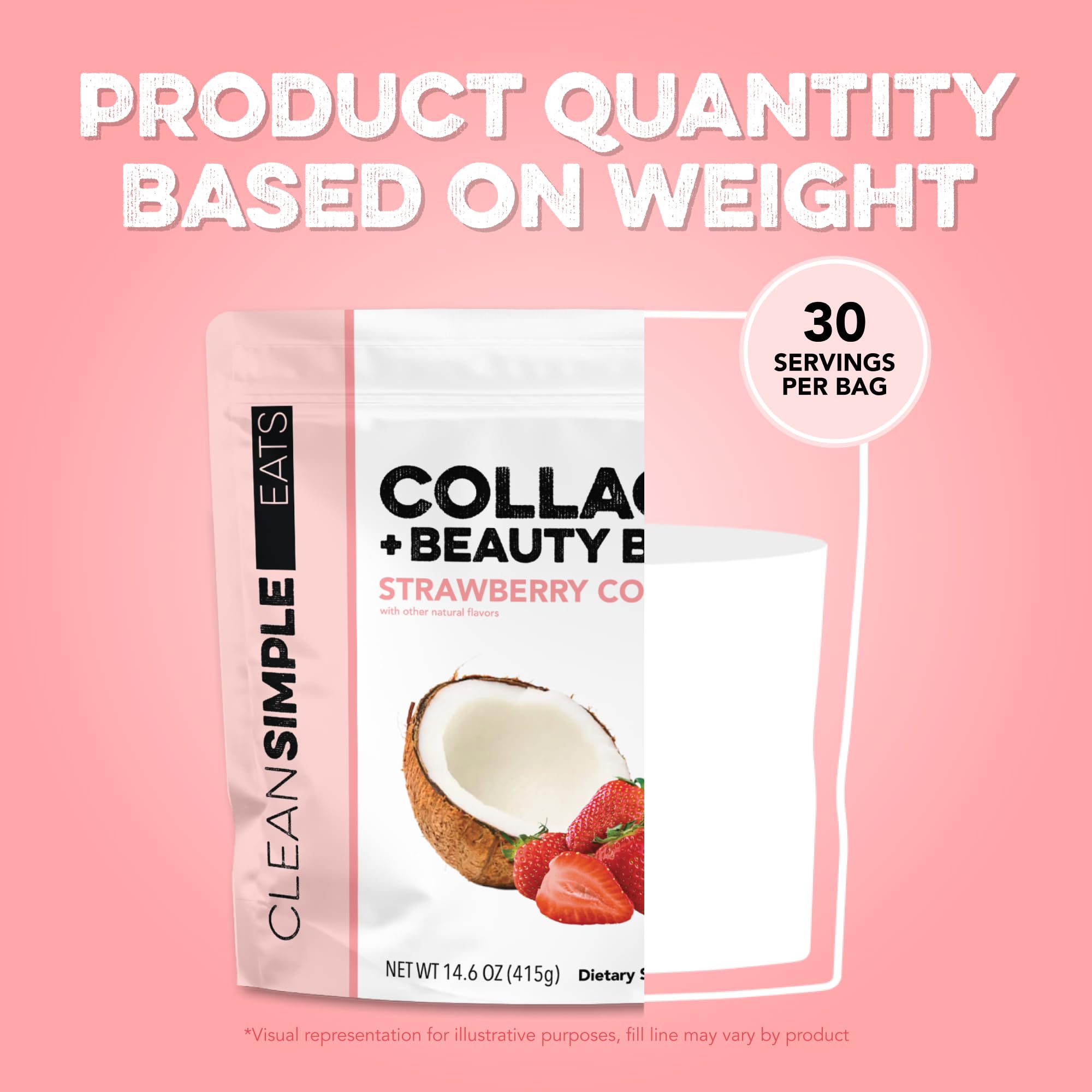 Serving with water showing Strawberry Colada flavor and 30 servings