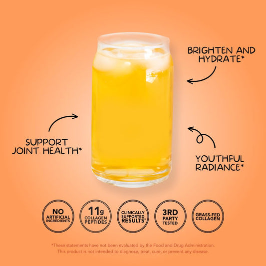 Peach Mango collagen powder being poured into a glass