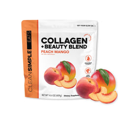 Clean Simple Eats Collagen Powder Beauty Blend peach mango bottle pour for easy daily use