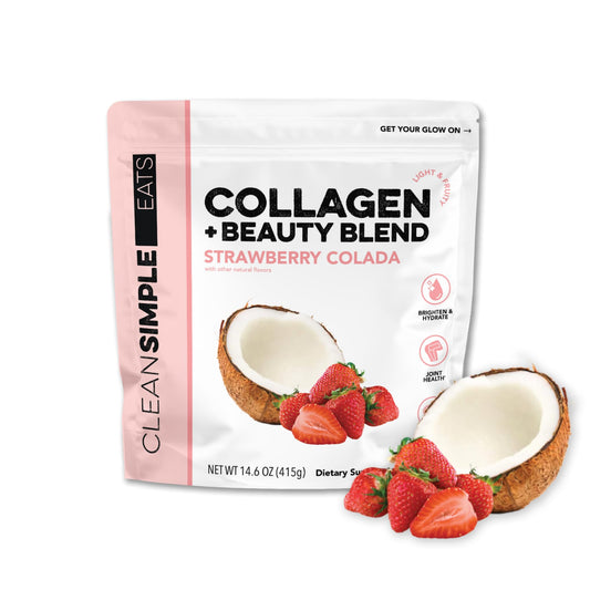 Bottle of Clean Simple Eats Collagen Powder + Beauty Blend in Strawberry Colada flavor