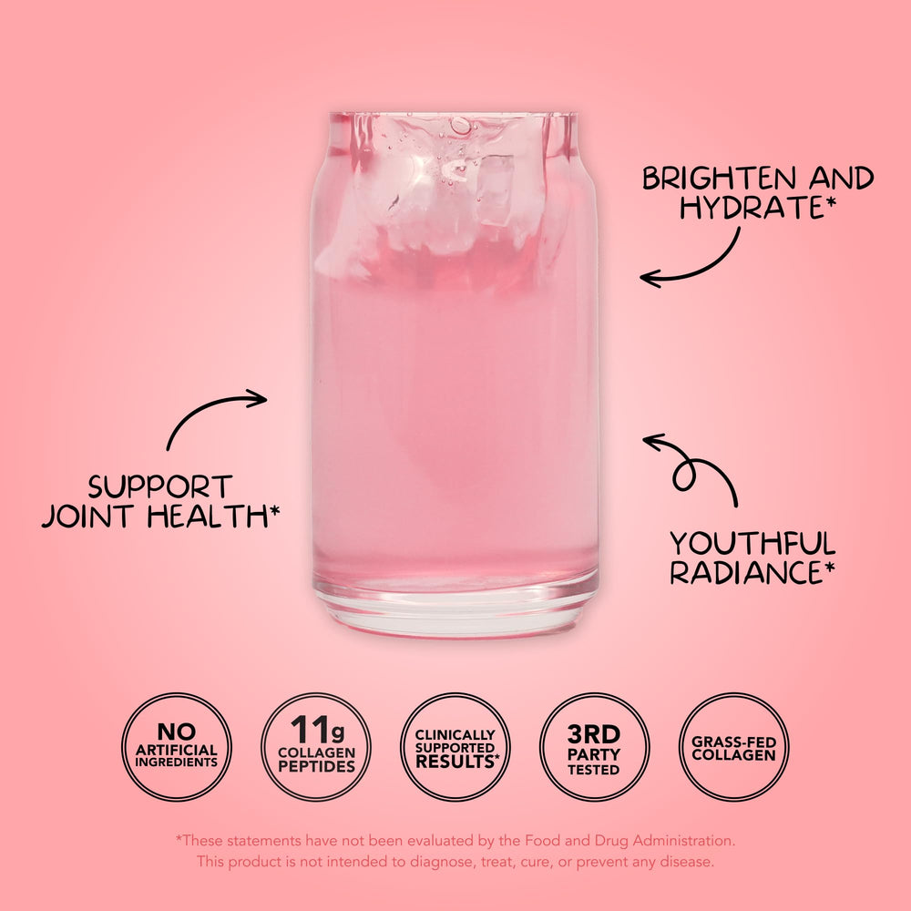Close-up of scoop in Strawberry Colada flavor Collagen + Beauty Blend
