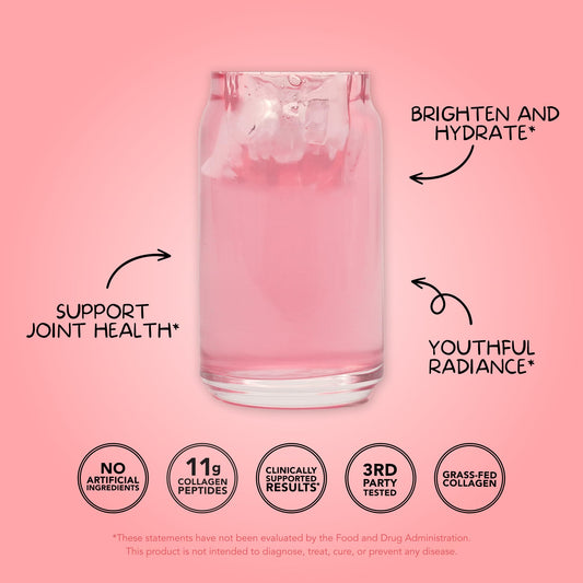 Close-up of scoop in Strawberry Colada flavor Collagen + Beauty Blend