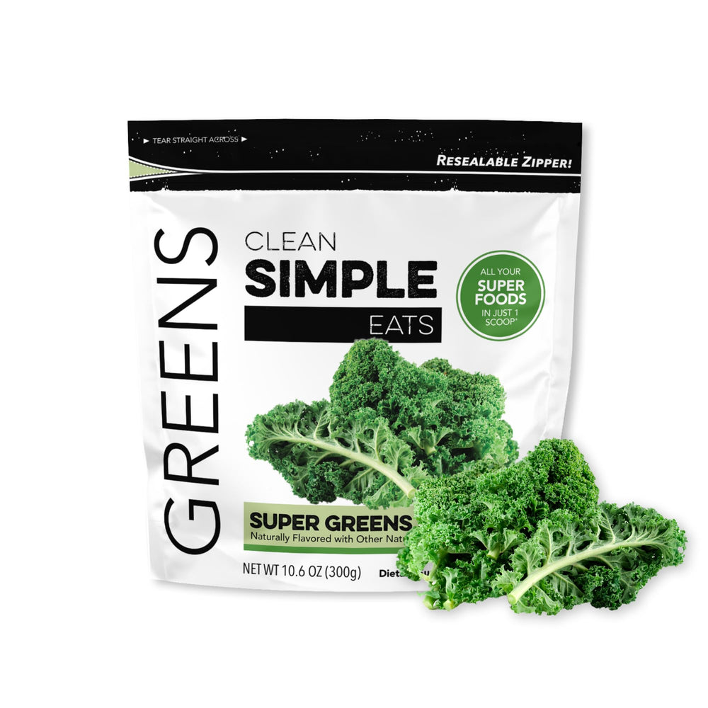 Clean Simple Eats Super Greens powder container with label
