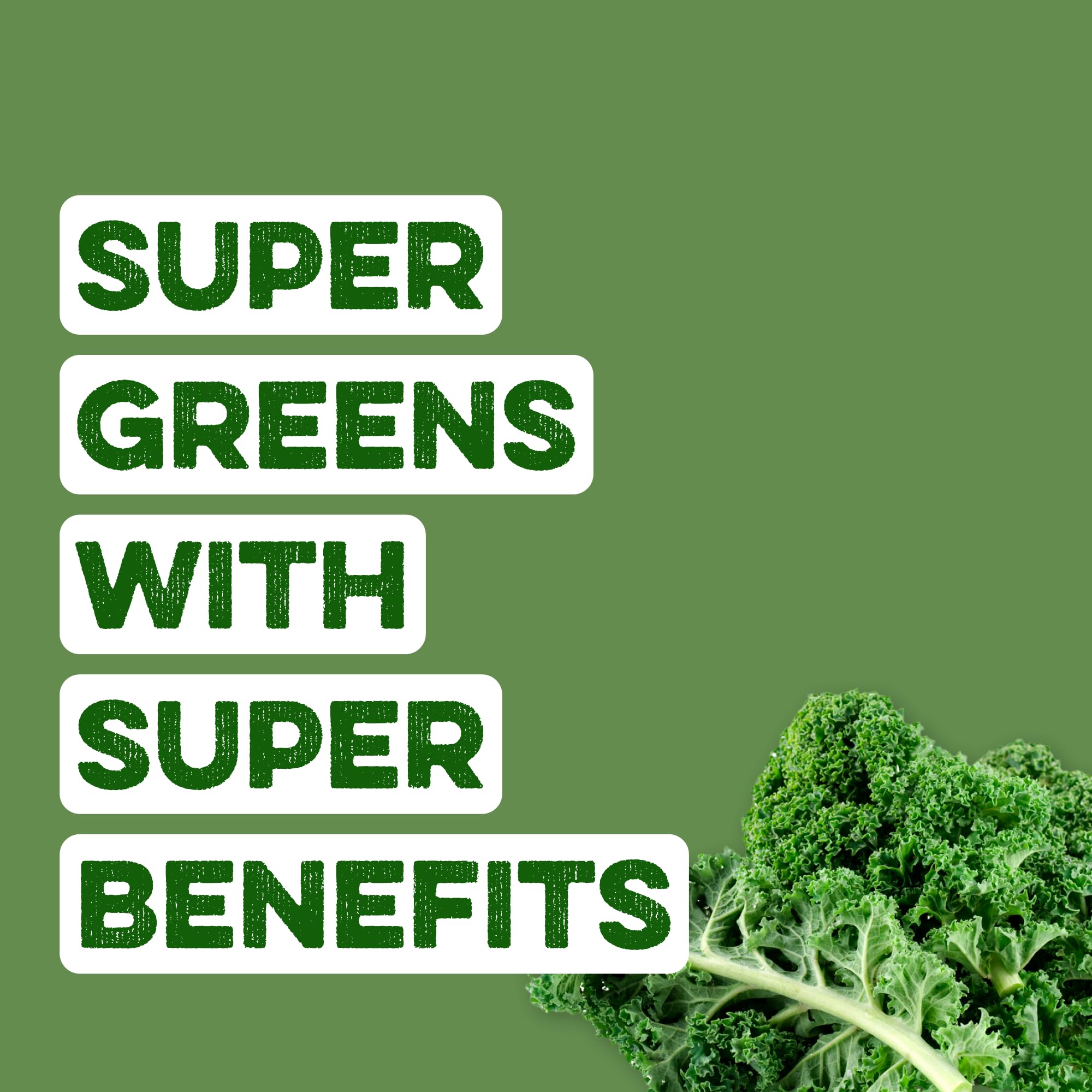Ingredients: chlorella, spirulina, kale, spinach, broccoli among greens