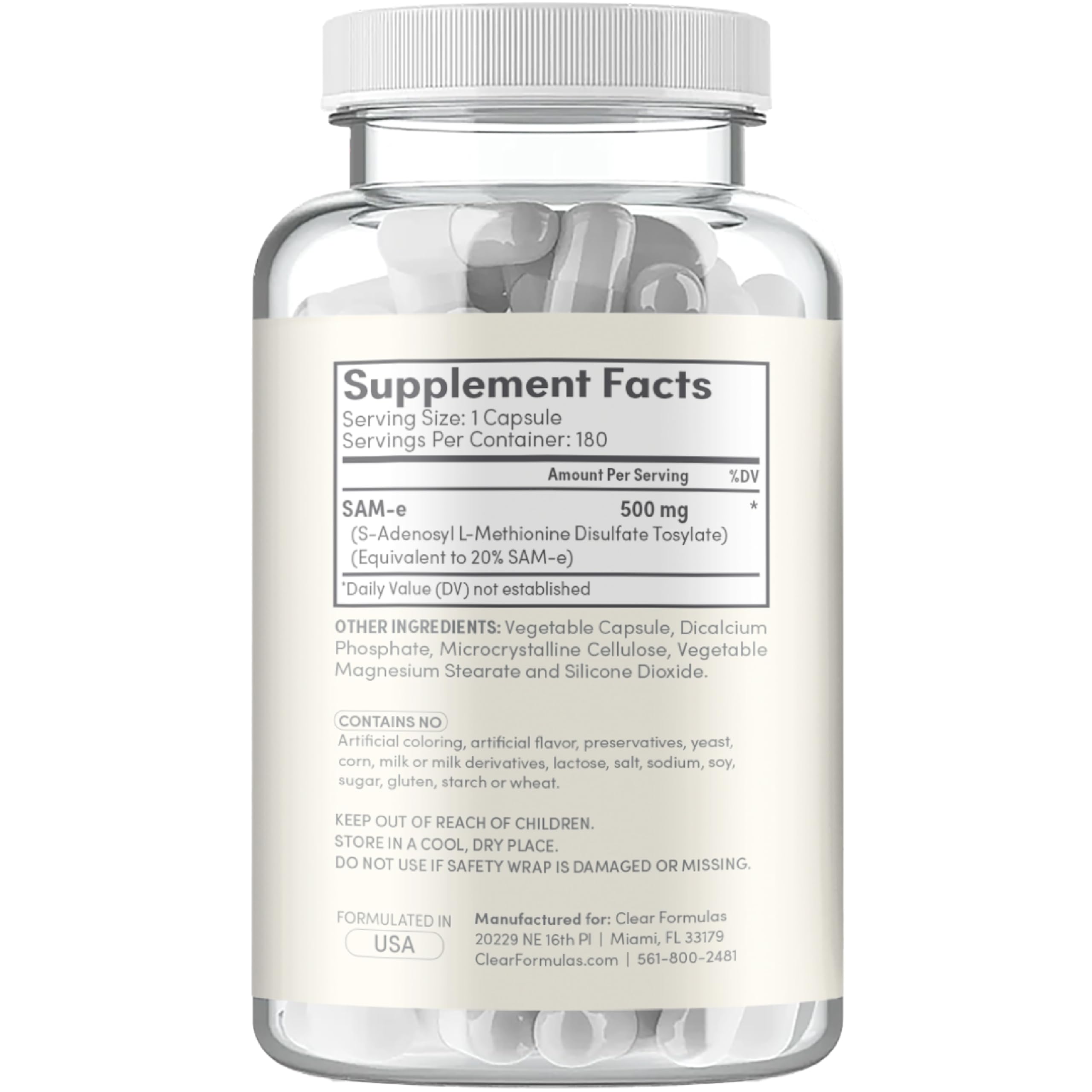 SAM-e 500mg label showing vegan and non-GMO