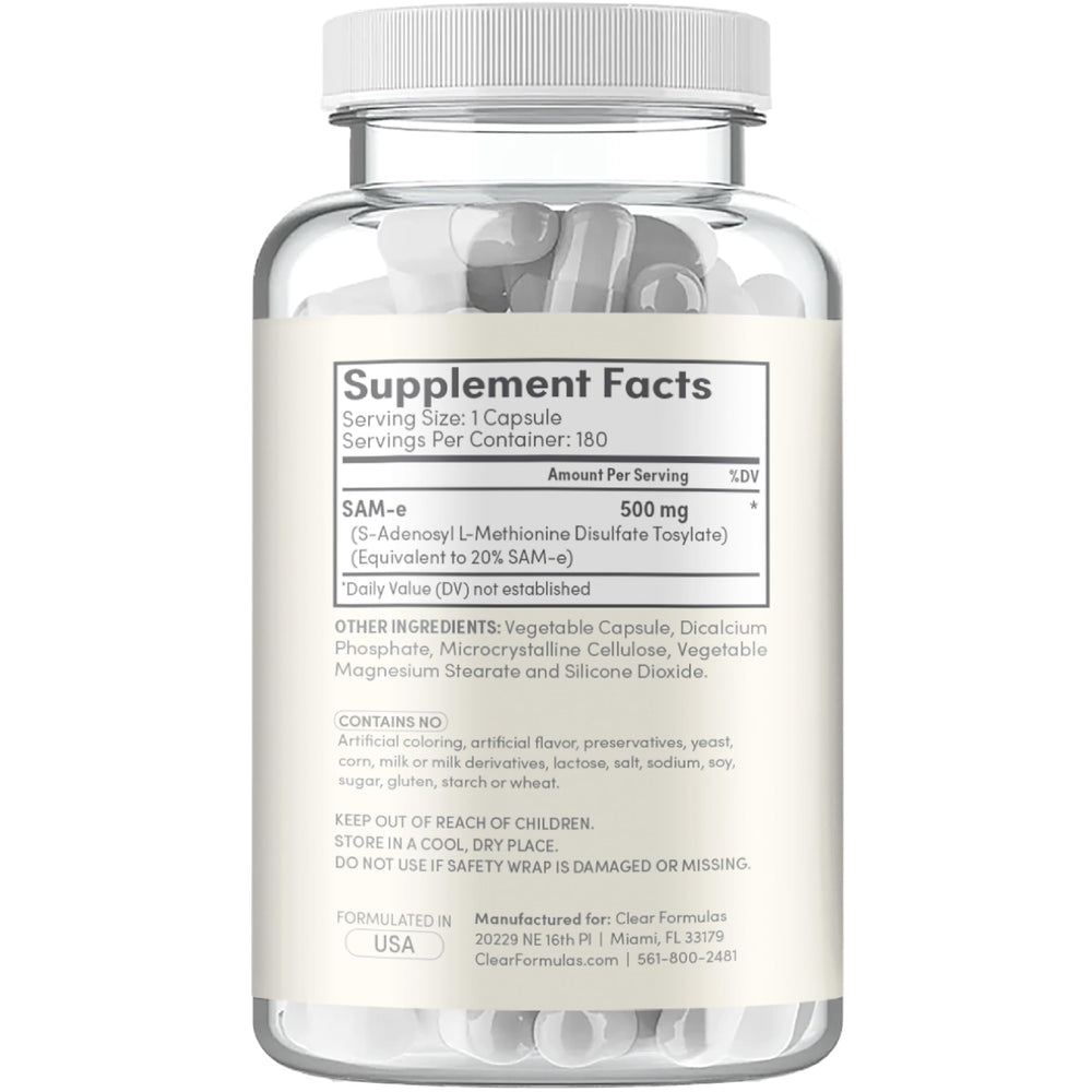 SAM-e 500mg label showing vegan and non-GMO