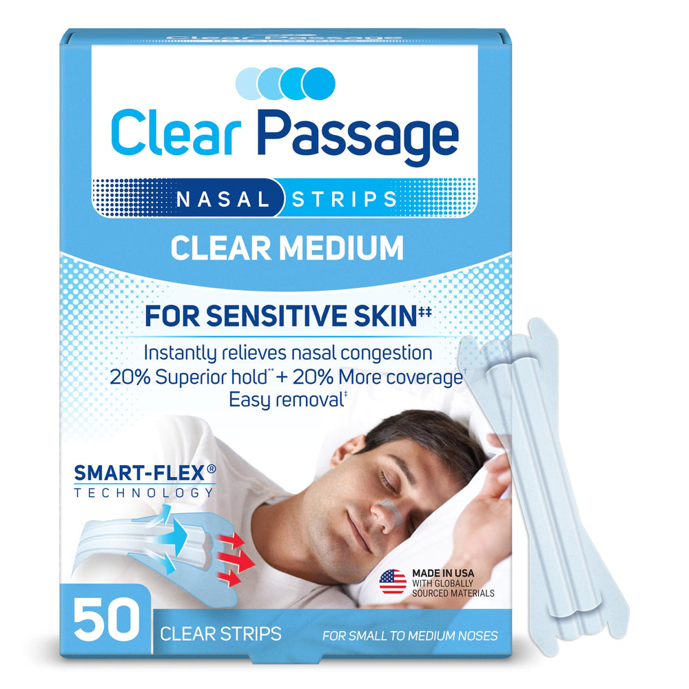 Clear Passage nasal strip on nose providing instant breathable support for restful sleep
