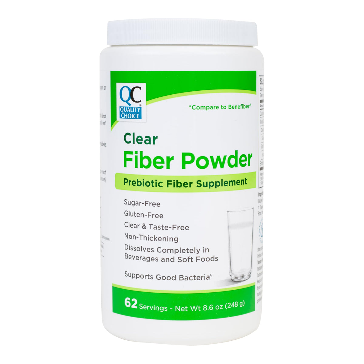 Clear tasteless prebiotic fiber powder dissolving in a glass of water