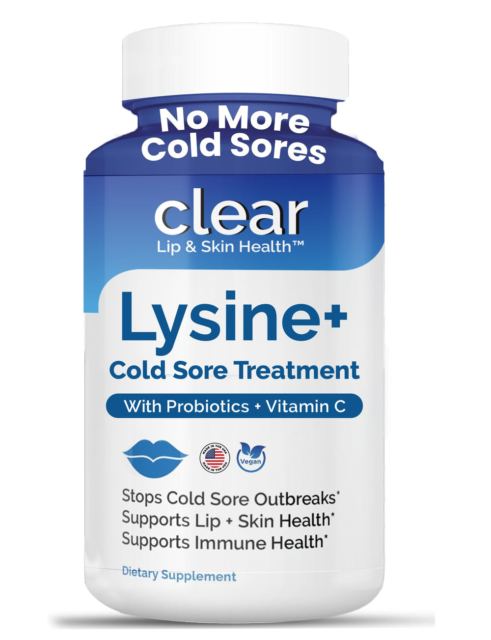 Clear Probiotics lysine capsules bottle for daily cold sore support and immune balance.
