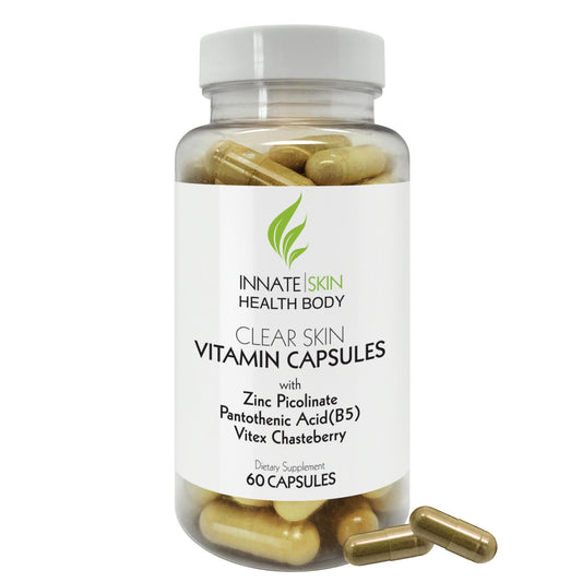 Bottle front view of Clear Skin Acne Vitamins Capsules 60 Count