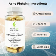 Side view of Clear Skin Acne Vitamins Capsules bottle