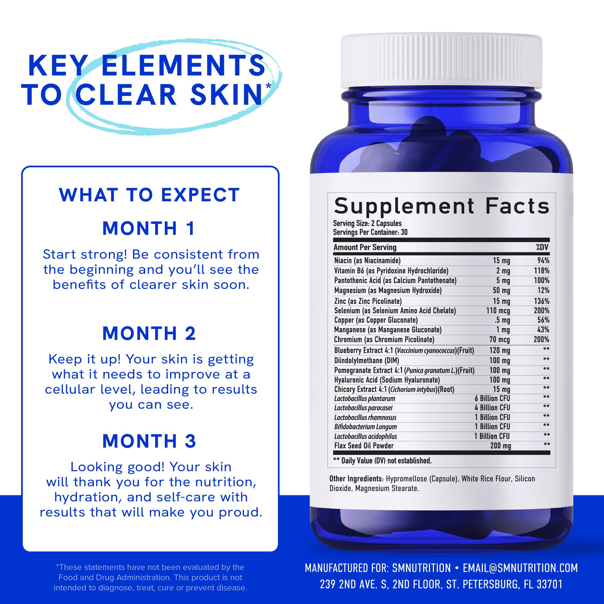 Clear Skin Supplement 60-count bottle – back panel