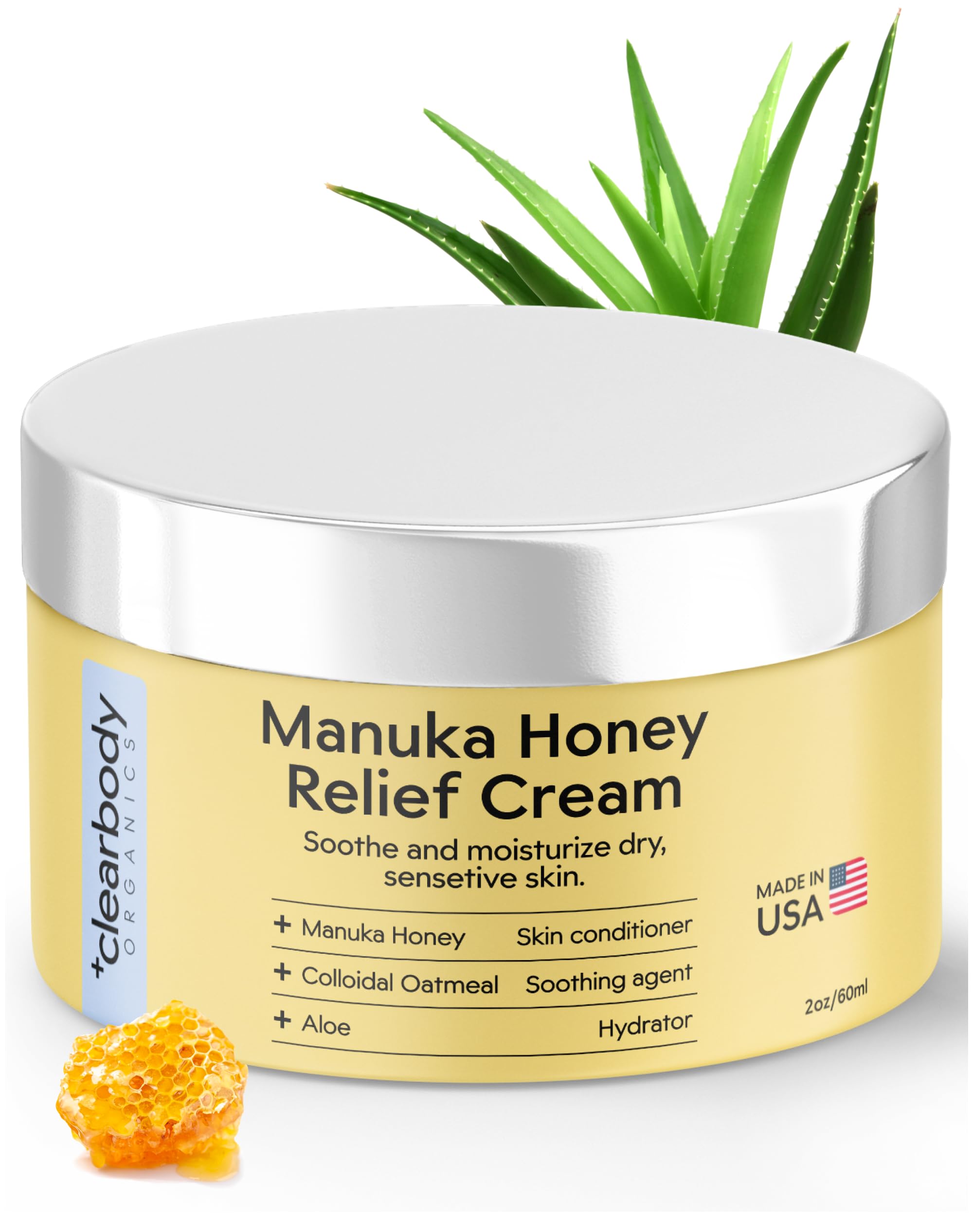 Clearbody Organics Manuka Honey Cream bottle front showing hydrating relief