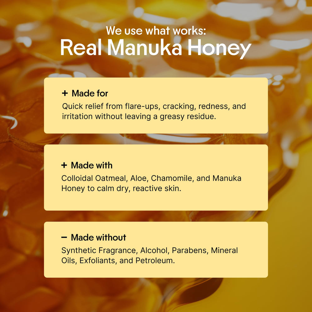 Clearbody Organics Manuka Honey Cream with colloidal oatmeal moisturizes dry skin.