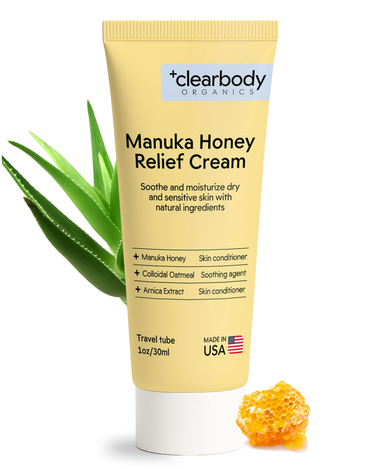 Clearbody Organics Manuka Honey Cream tube offers portable, non-greasy hydration.