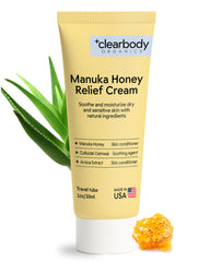 Clearbody Organics Manuka Honey Cream tube offers portable, non-greasy hydration.