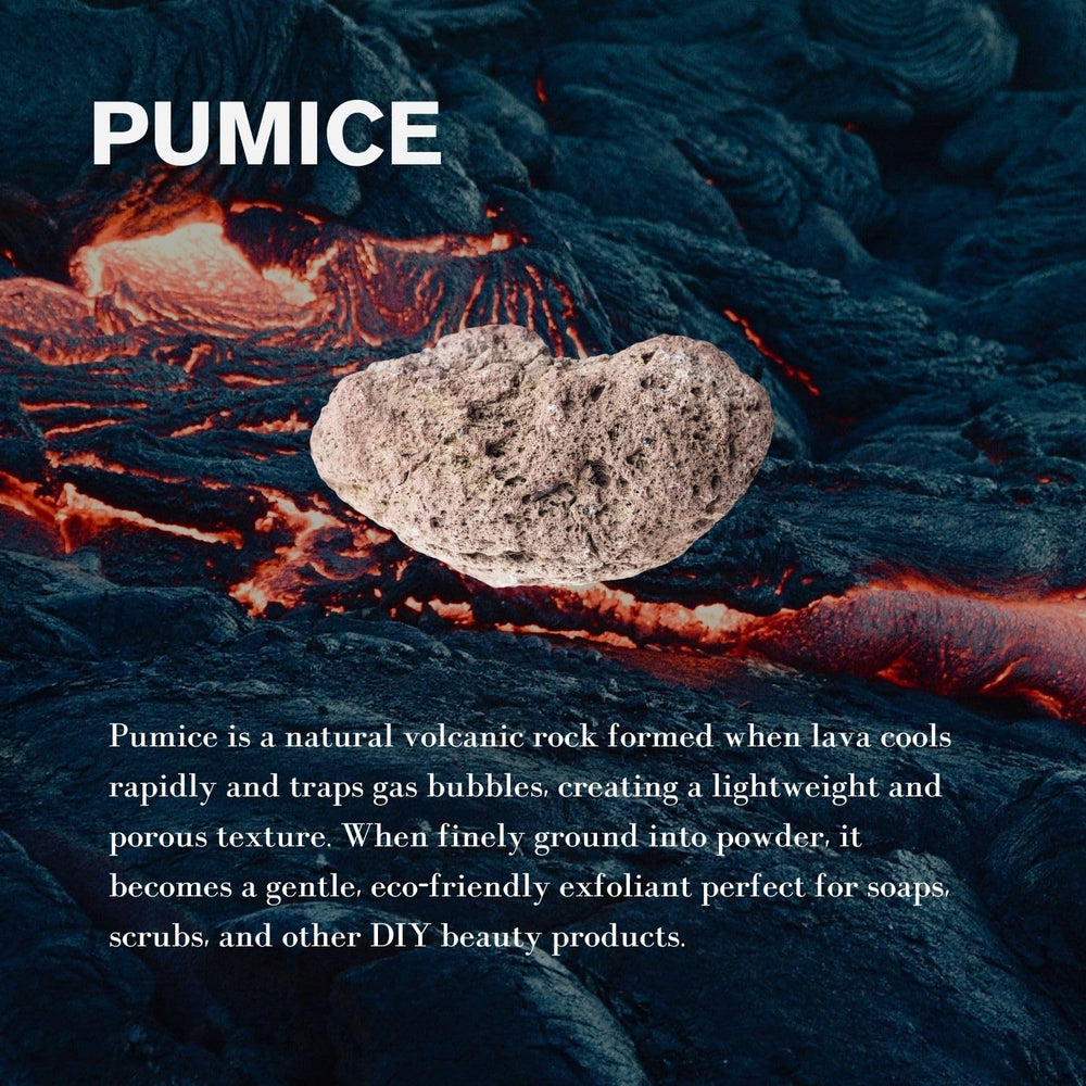 Medium-grain pumice powder shown, perfect for rough heel scrubs.