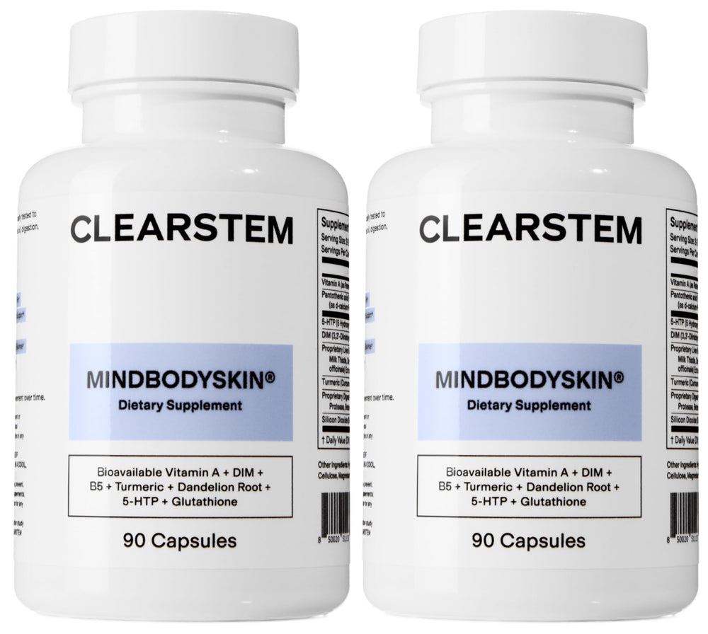 ClearStem MINDBODYSKIN bottle front for hormonal balance and clearer skin support.