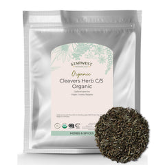 Front view of Starwest Botanicals Cleavers Organic dried loose leaf in a 1 lb bulk bag