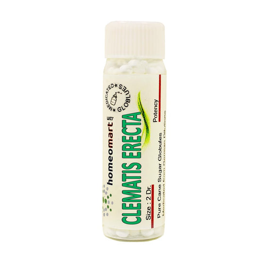 Sterile 2-dram glass vial containing Clematis Erecta pellets