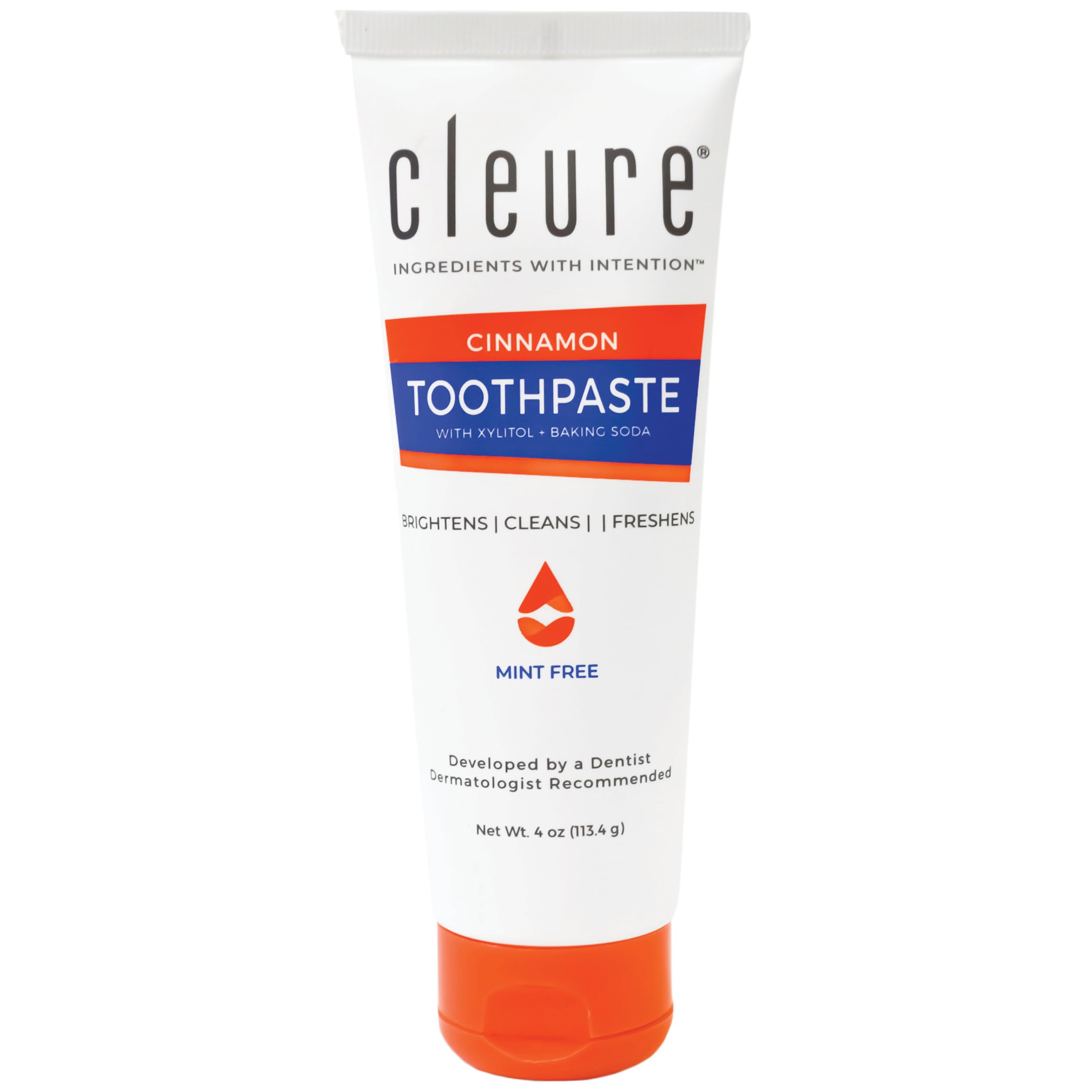 Front view of Cleure Cinnamon Toothpaste 4oz tube