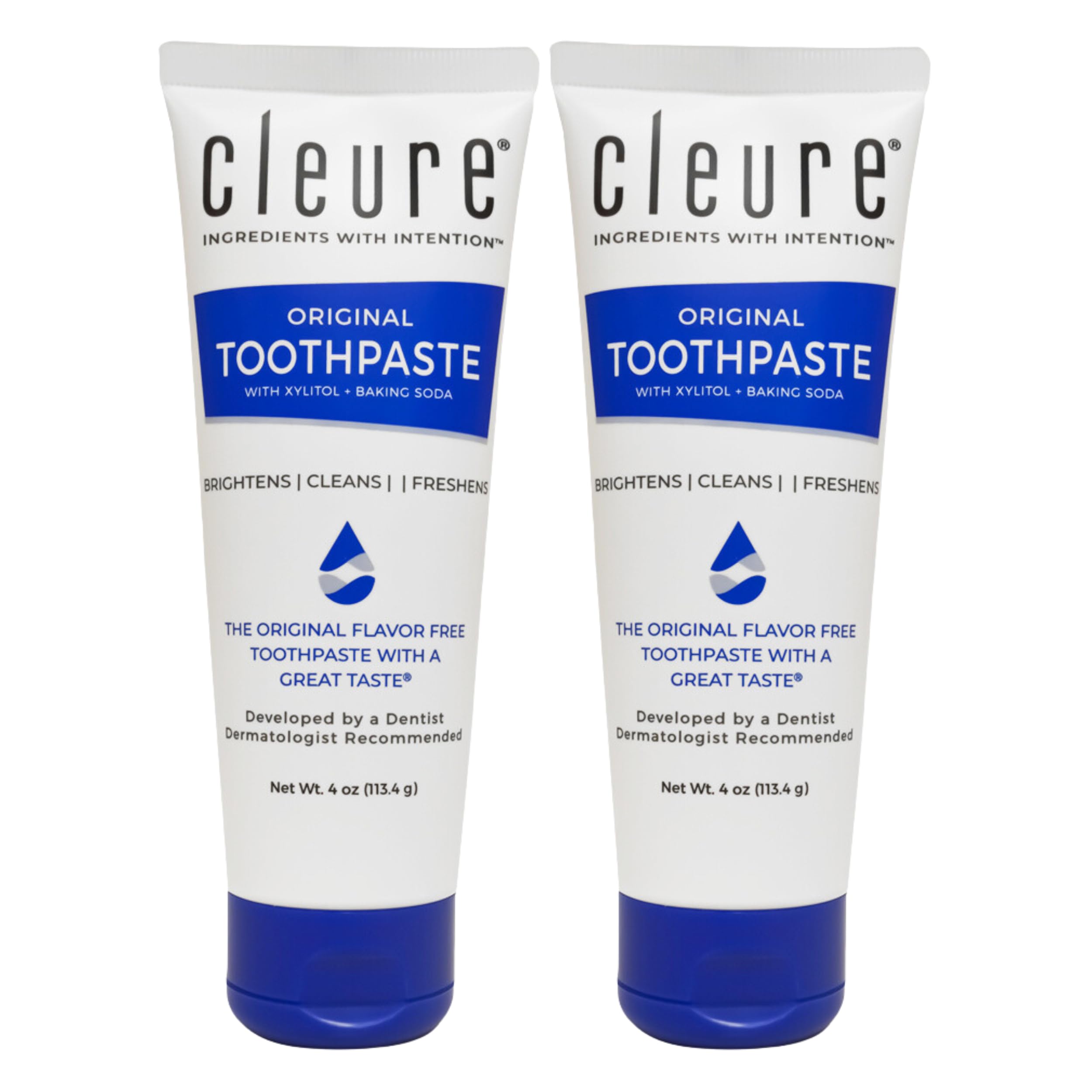 Front view of Cleure Original No Fluoride Toothpaste 4oz tube in a 2-pack