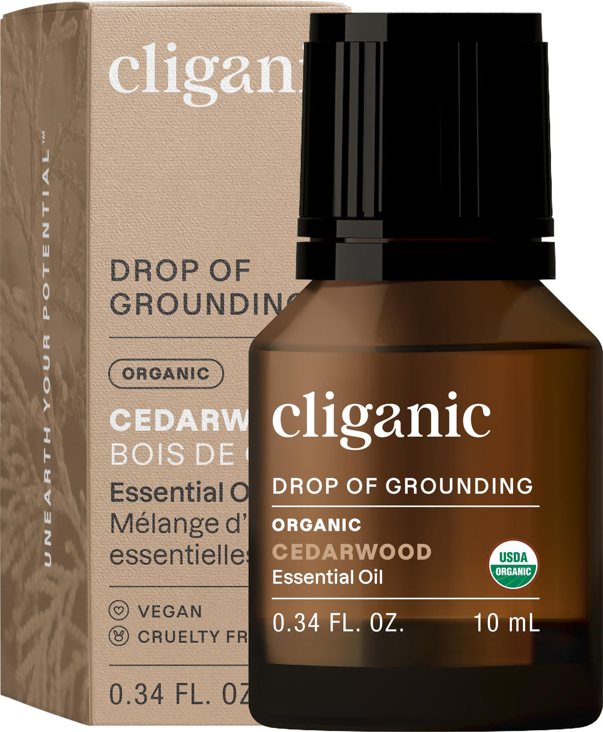 Front view of Cliganic Cedarwood Essential Oil bottle