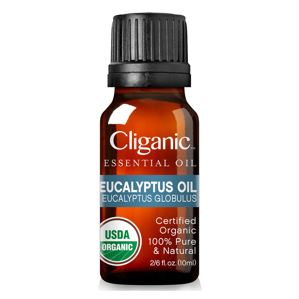 Steam-distilled eucalyptus essential oil in glass bottle