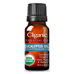 Steam-distilled eucalyptus essential oil in glass bottle