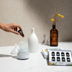 Flat lay of Frankincense oil and diffuser accessories
