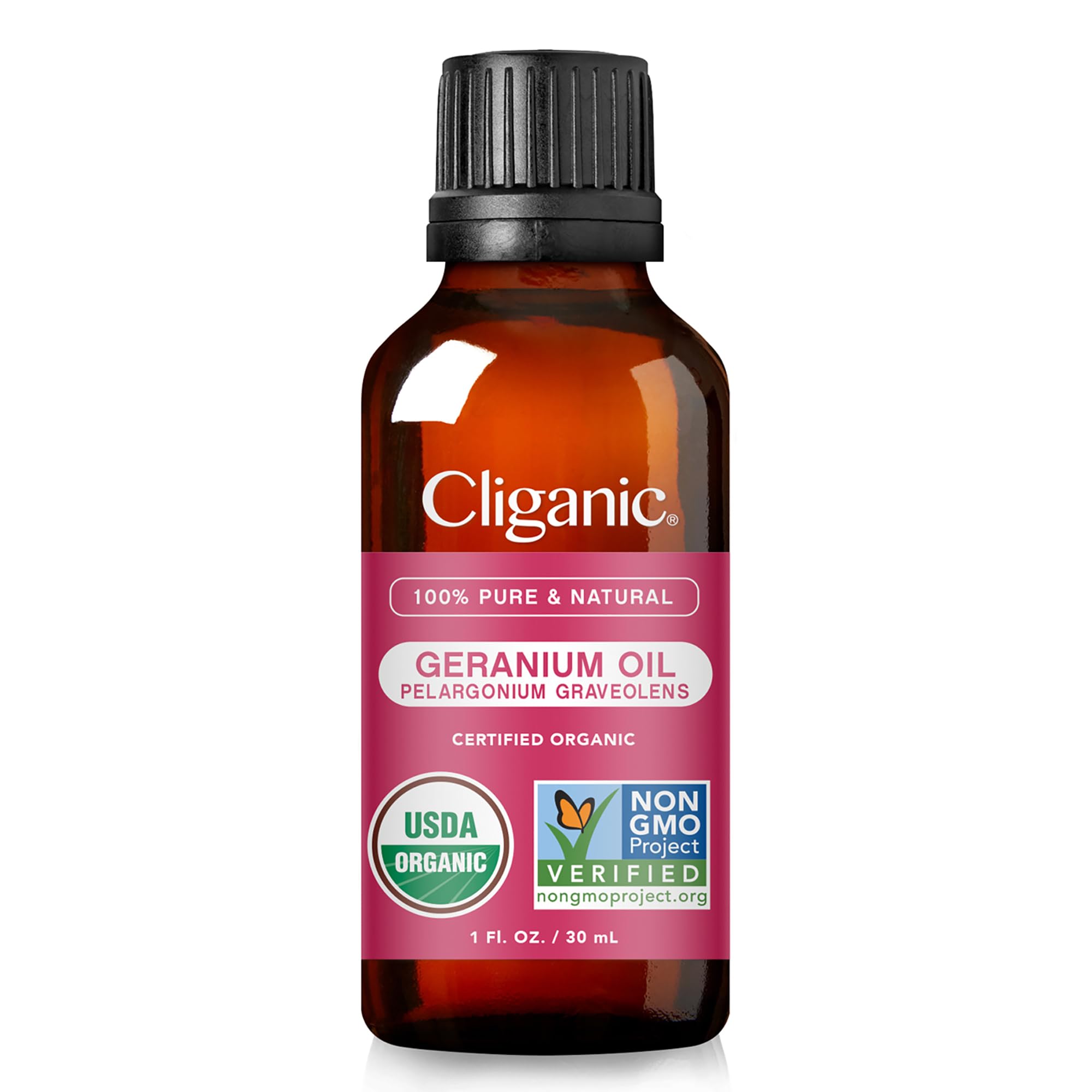 Label shows 100% pure, single-ingredient geranium essential oil