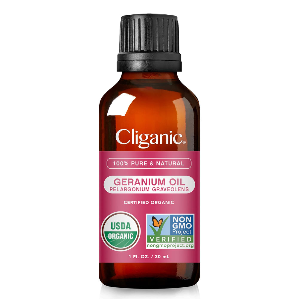 Label shows 100% pure, single-ingredient geranium essential oil