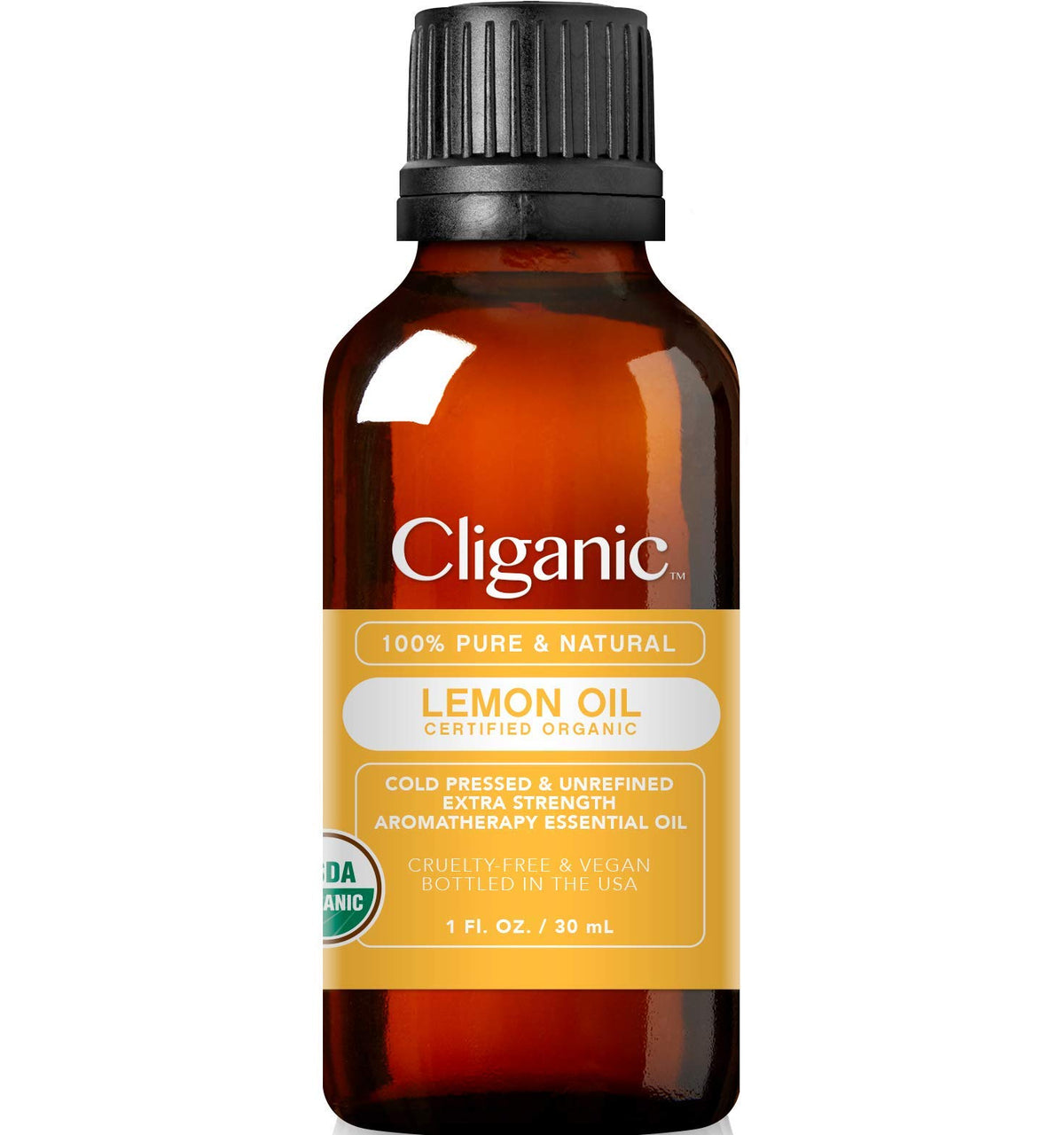 Cliganic Lemon Essential Oil bottle - front view (1oz)