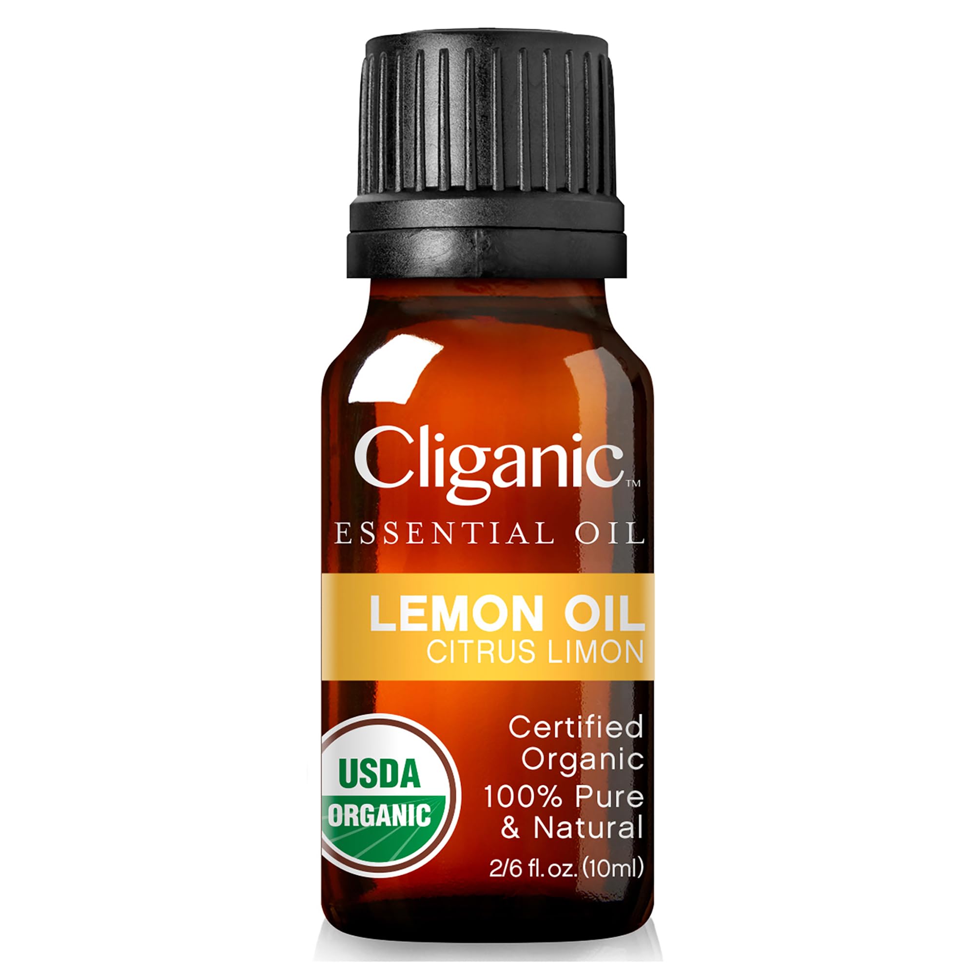 Amber bottle of 100% pure lemon essential oil from Cliganic