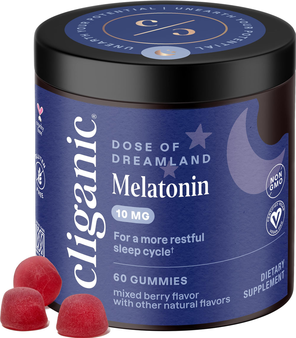 Front view of Cliganic Melatonin Gummies Berry 60-day supply bottle