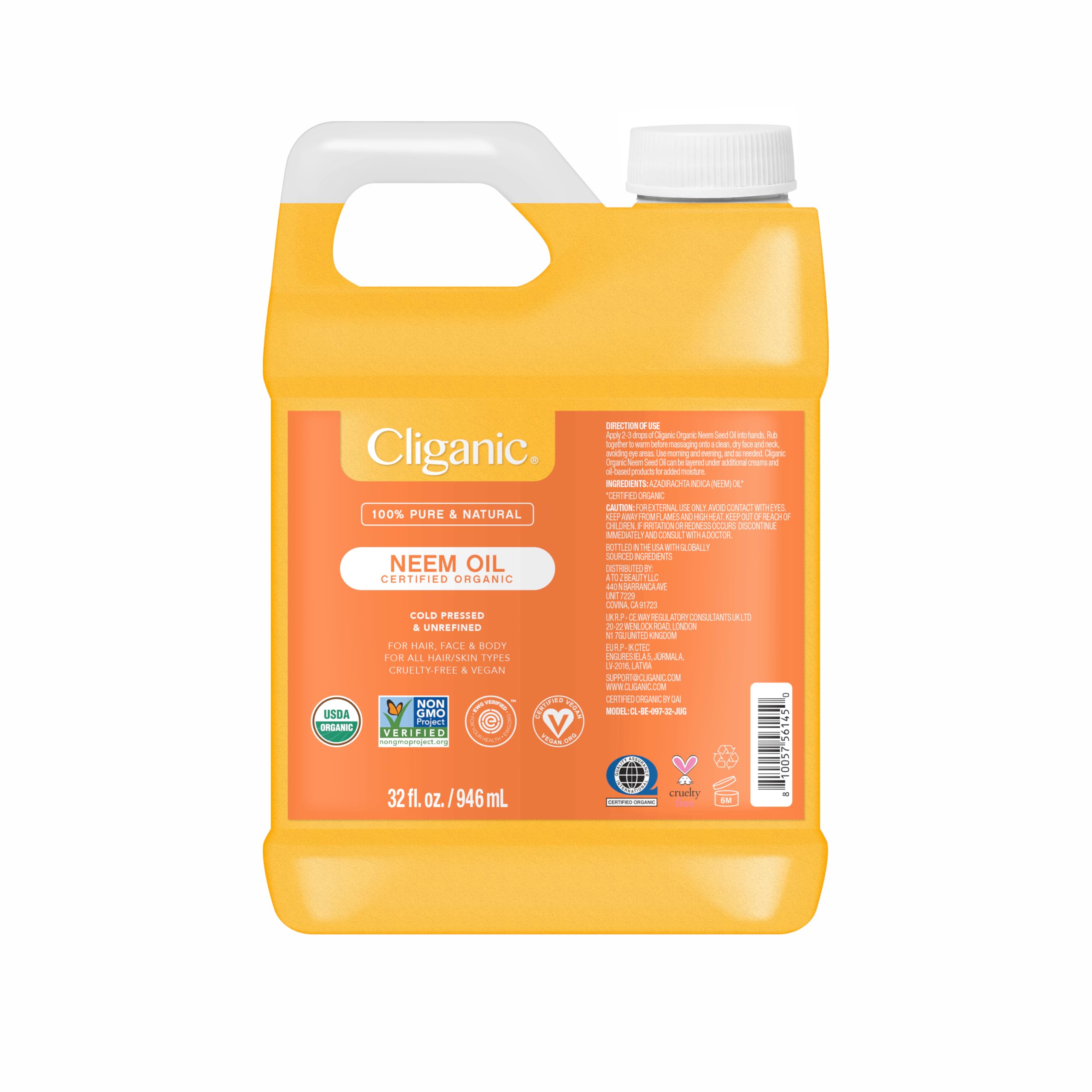 Cliganic Neem Oil bulk 32oz bottle for skincare and plant care.